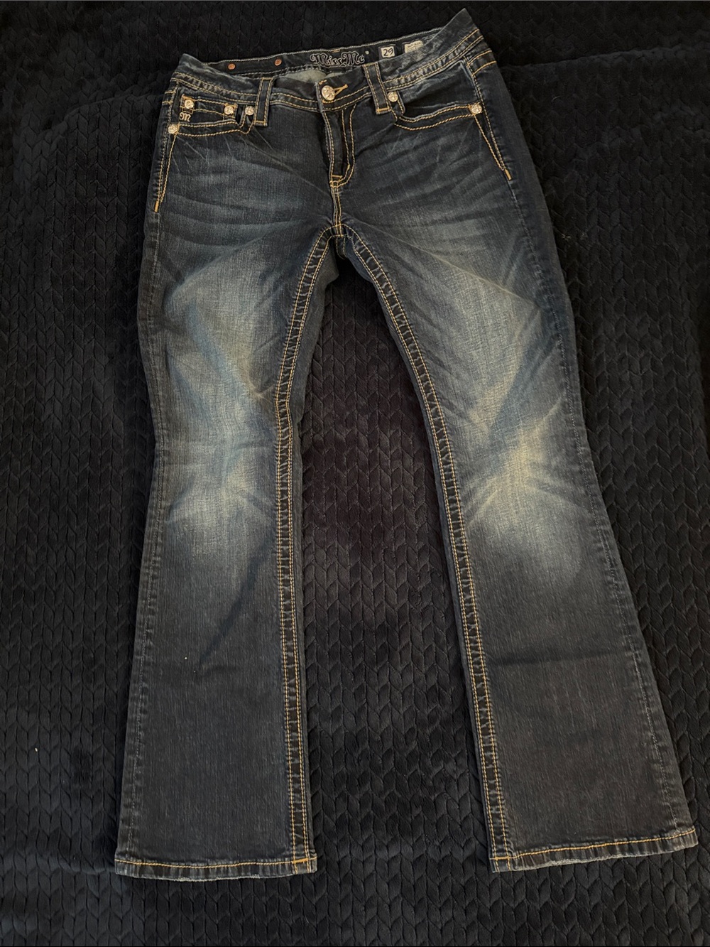 Miss Me Mid-Rise Easy Boot Dark Blue Jeans with Embellished Back Pockets